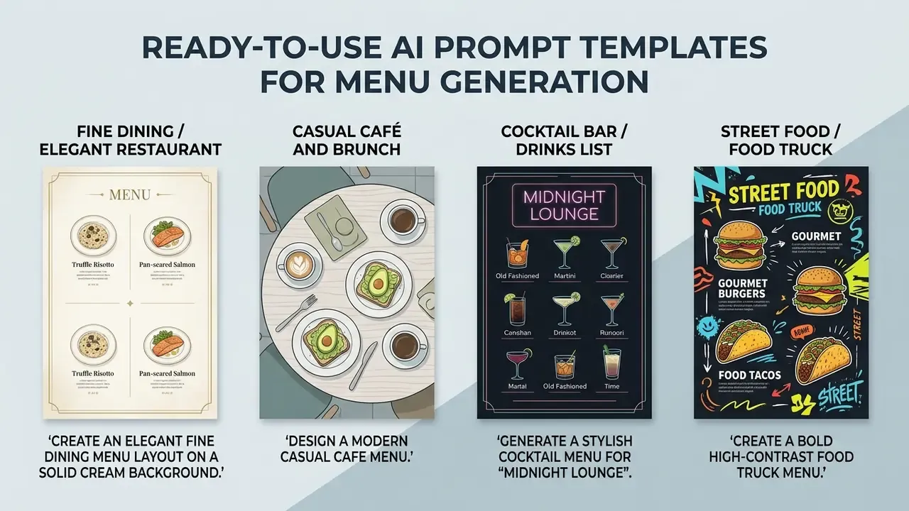 Four distinct restaurant menu design examples paired with their corresponding text prompts