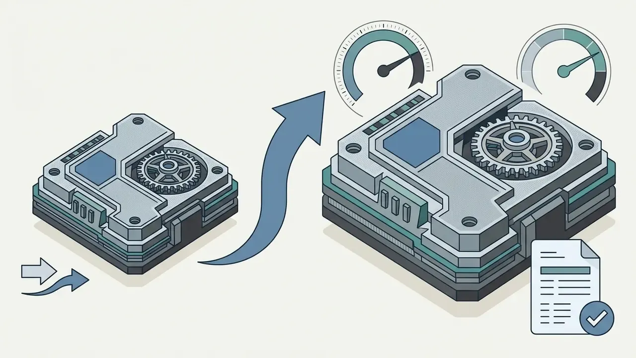 Small mechanical device being scaled up into a larger version with speedometers and a verified document icon