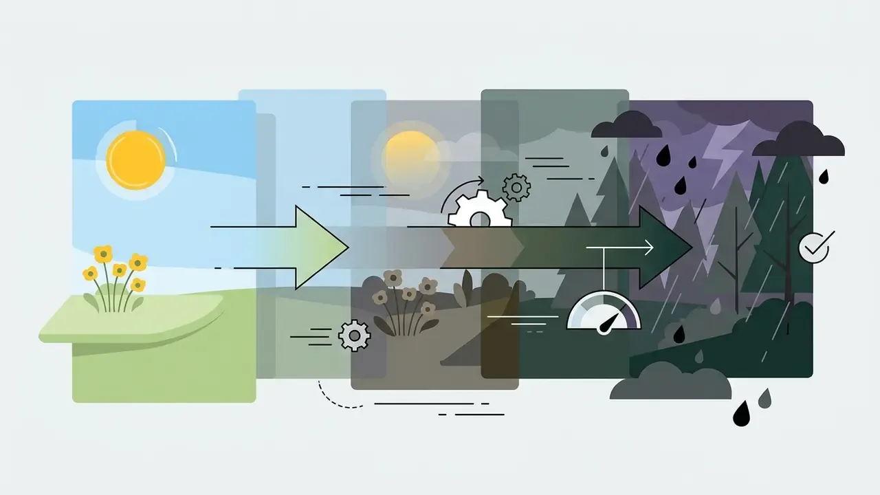 Arrow moving through layered frames showing a sunny meadow transforming into a stormy forest landscape
