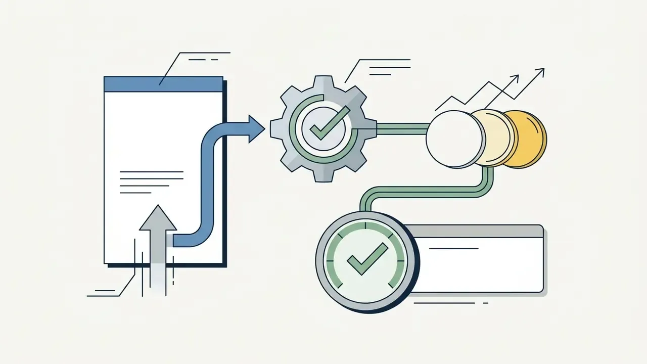 Document and gear icons connected to coins and a clock representing account setup and credit allocation