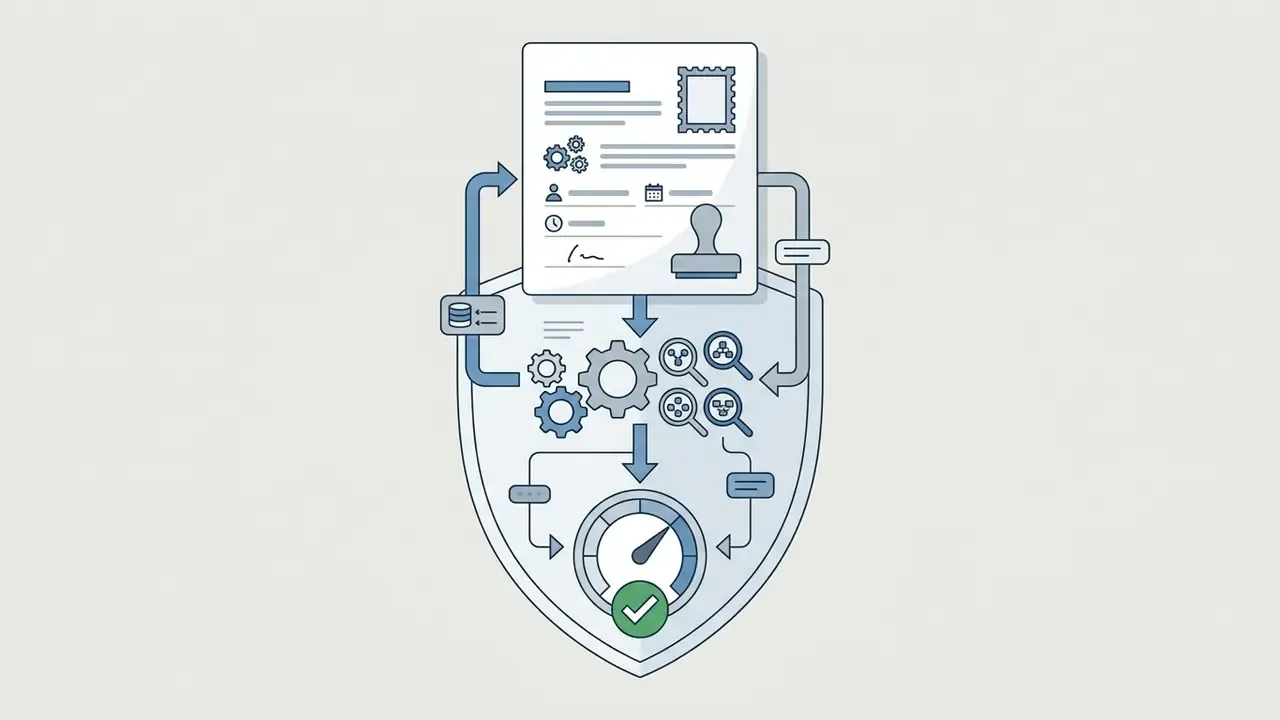 Official form with a stamp feeding into gears and search icons inside a shield with a status gauge