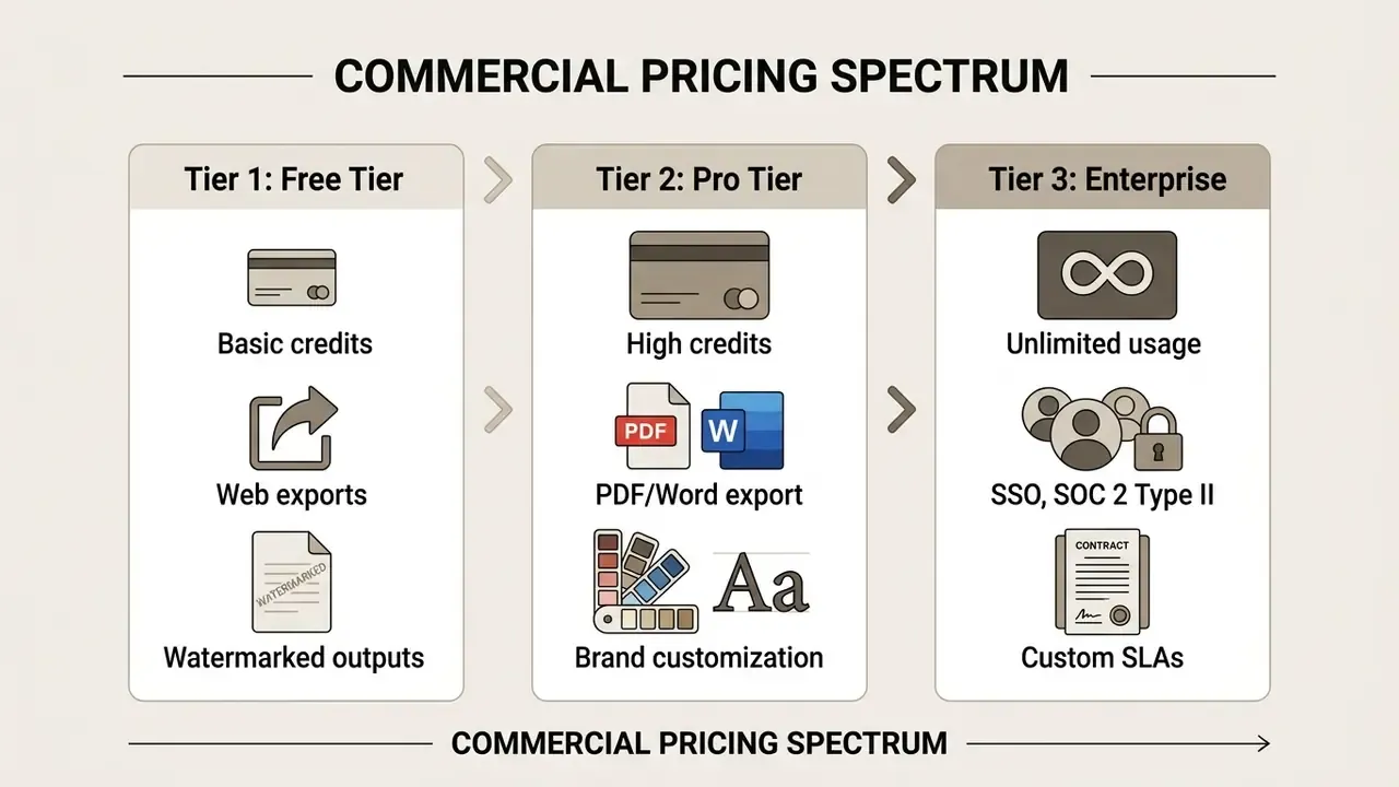 Sequential tiers showing feature sets for free, professional, and enterprise service levels