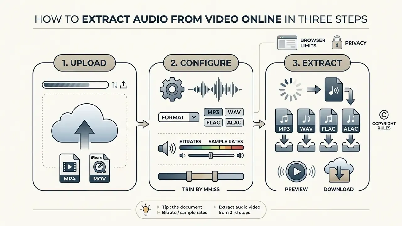 Three step workflow showing how to upload a video, configure audio settings, and download extracted files