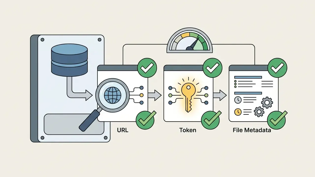 Magnifying glass inspecting URL, token, and file metadata icons connected to a storage unit and gauge