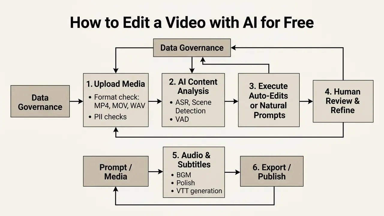 Block diagram outlining the stages of media processing from data governance to export and publishing