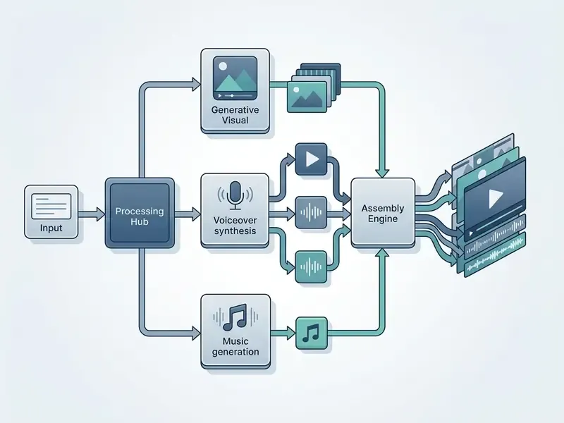 Flowchart showing how input text is processed into separate visual, voiceover, and music media components