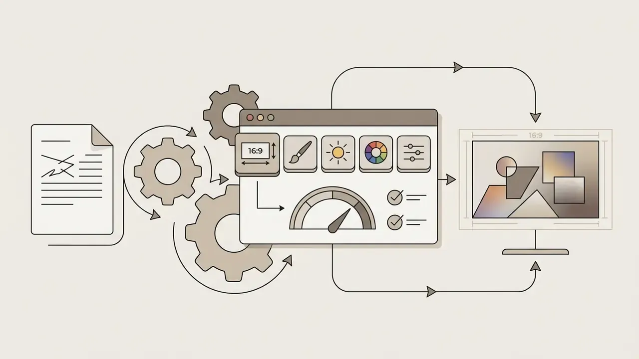Document icon feeding into a gear system that processes settings into a final image on a screen