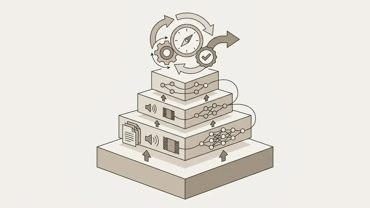 Stacked blocks with neural network nodes processing text, audio, and video data under a compass and gears