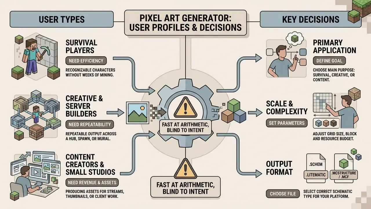 Flowchart mapping three user types to their specific goals and technical decisions for Minecraft pixel art