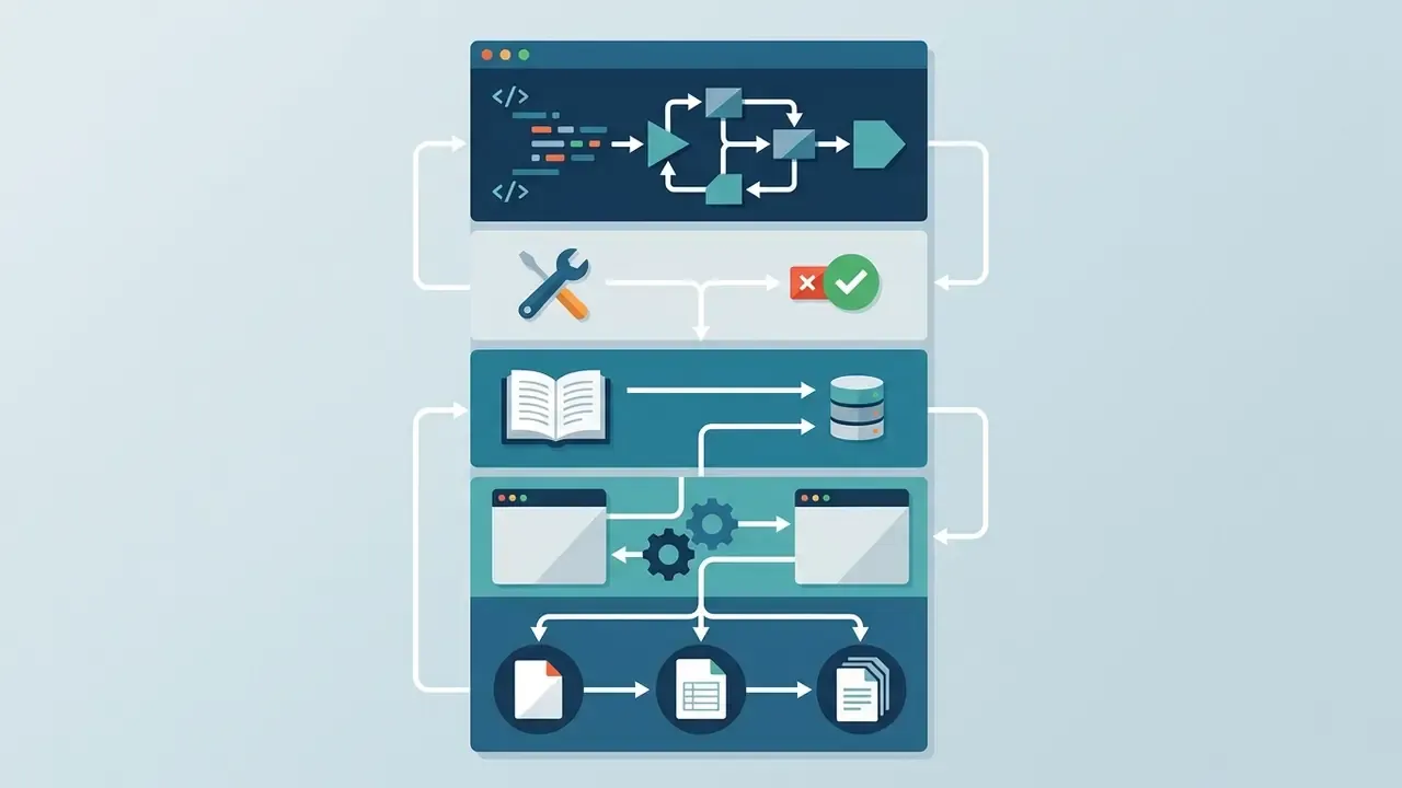Layered visual showing code development, debugging, data indexing, system integration, and file exports