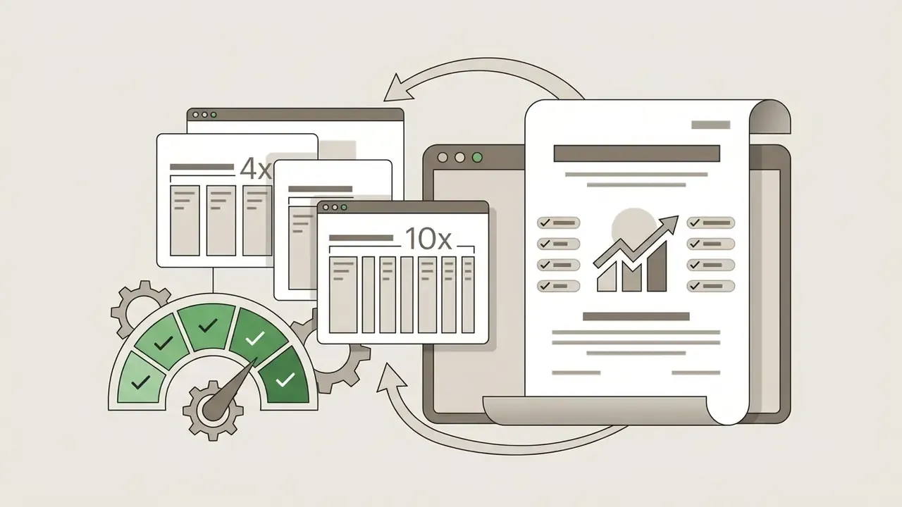 Multiple browser windows with payment instalment options linked to a progress gauge and financial report