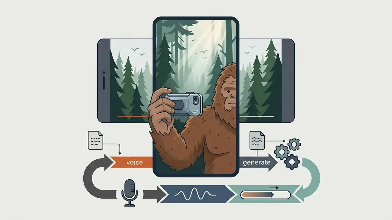 Bigfoot taking a selfie in a misty forest on a vertical smartphone screen with voice and generation icons