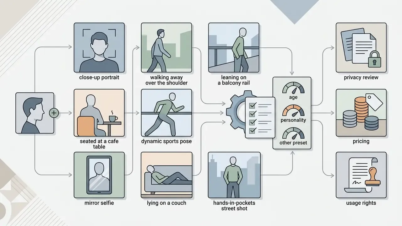 Process map showing various character poses feeding into a settings panel and final configuration steps