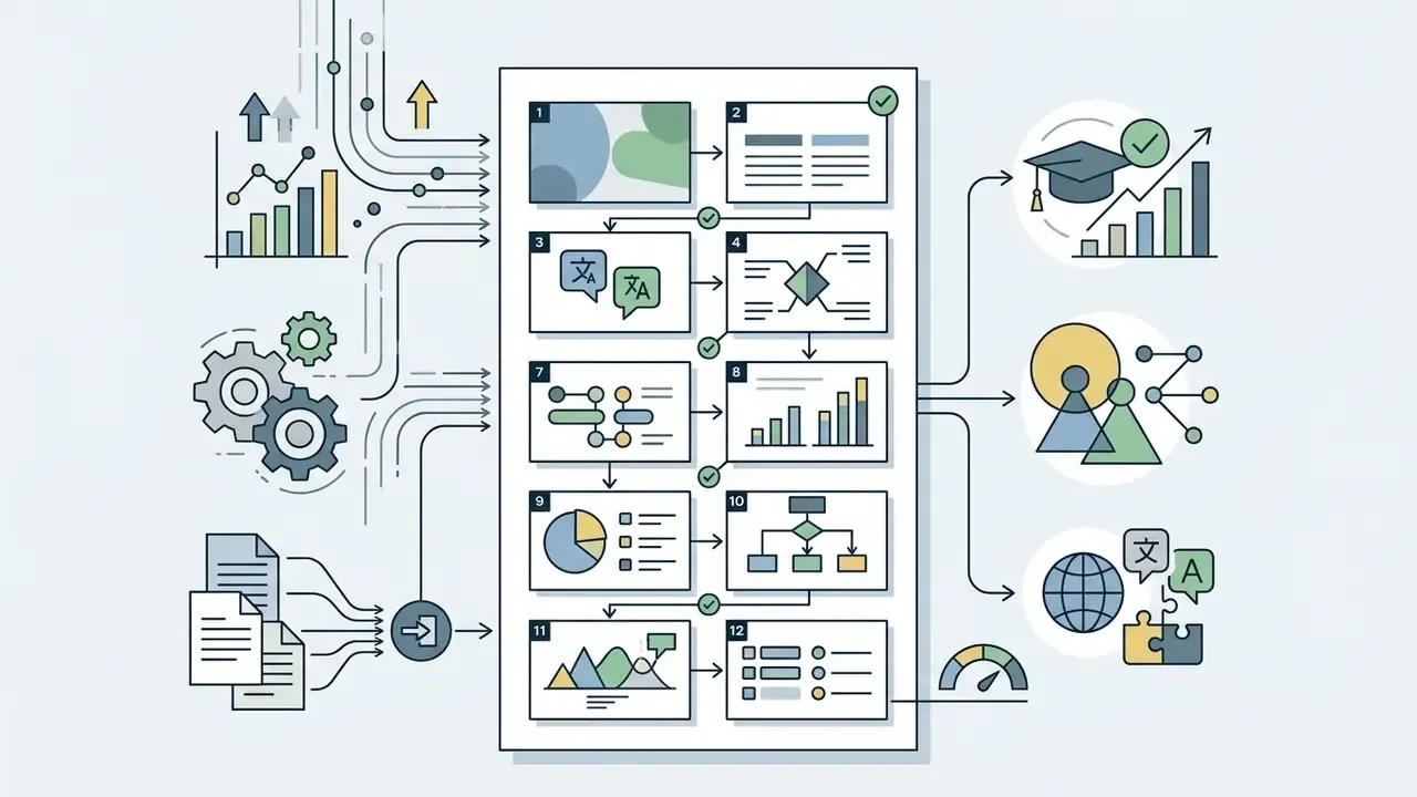 Workflow showing data inputs being processed into a twelve slide educational presentation deck