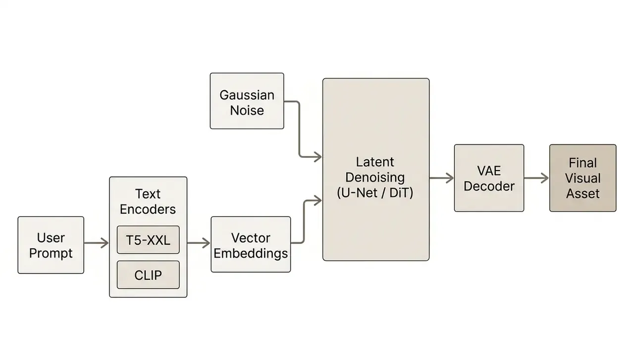 Flowchart showing the text-to-image diffusion pipeline from user prompt to final visual asset