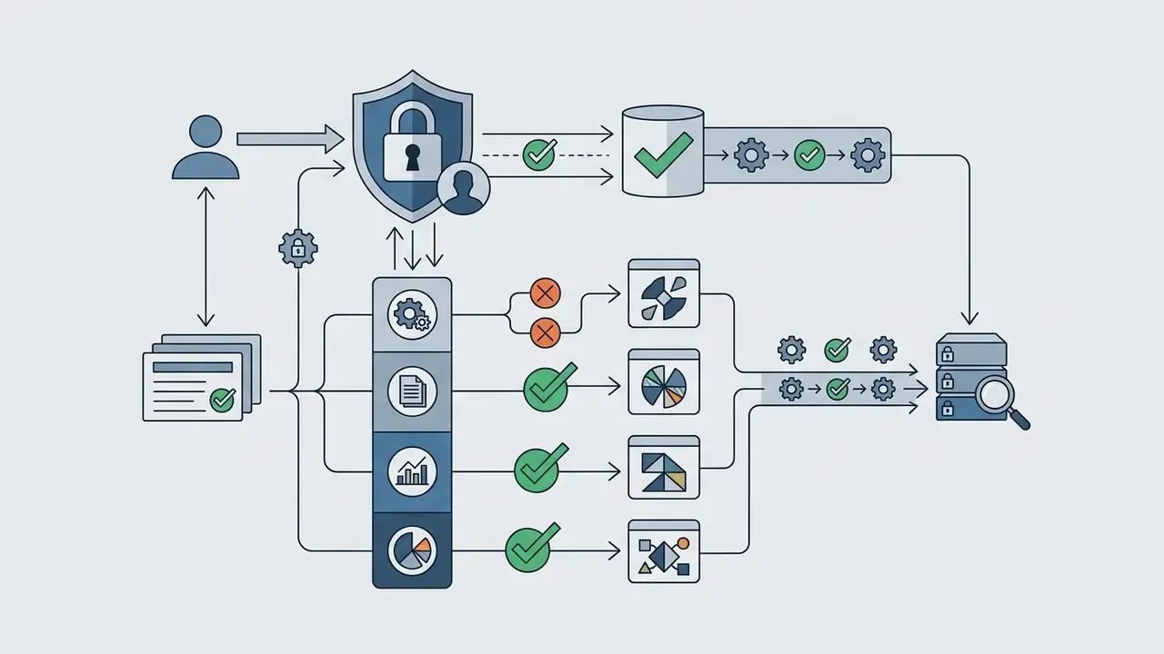 User authentication and permission checks filtering data streams into authorized server storage