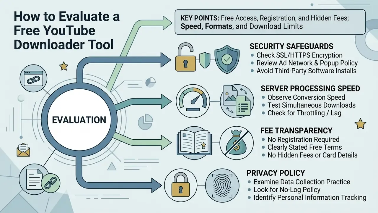 Central evaluation hub connecting to security, speed, fee transparency, and privacy policy criteria