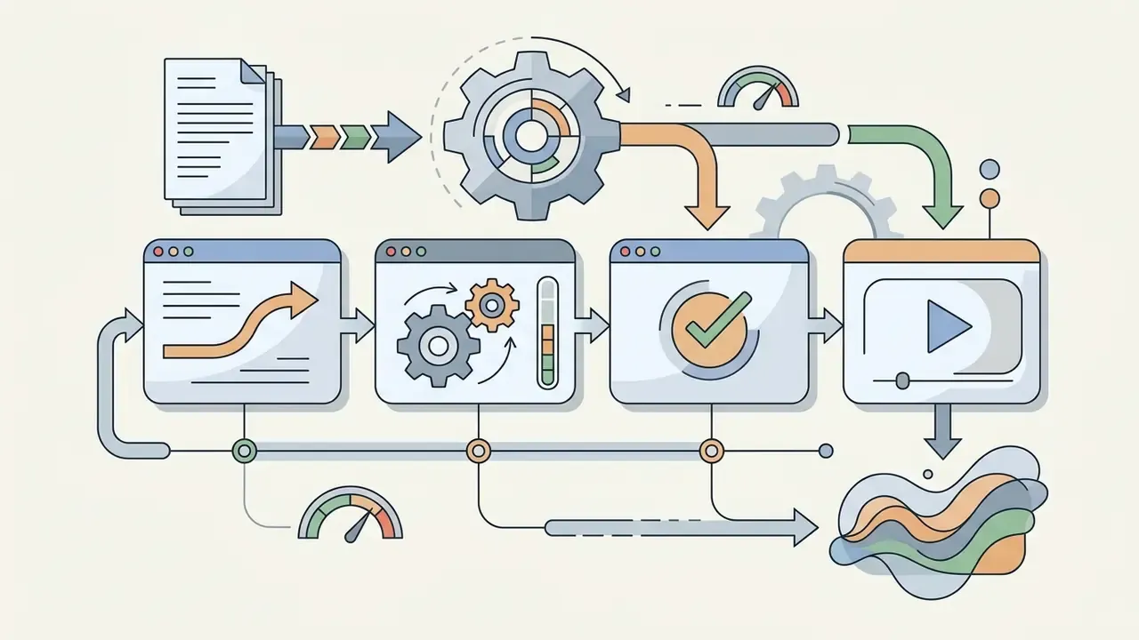 Documents feeding into a gear mechanism that processes instructional content into a final video output