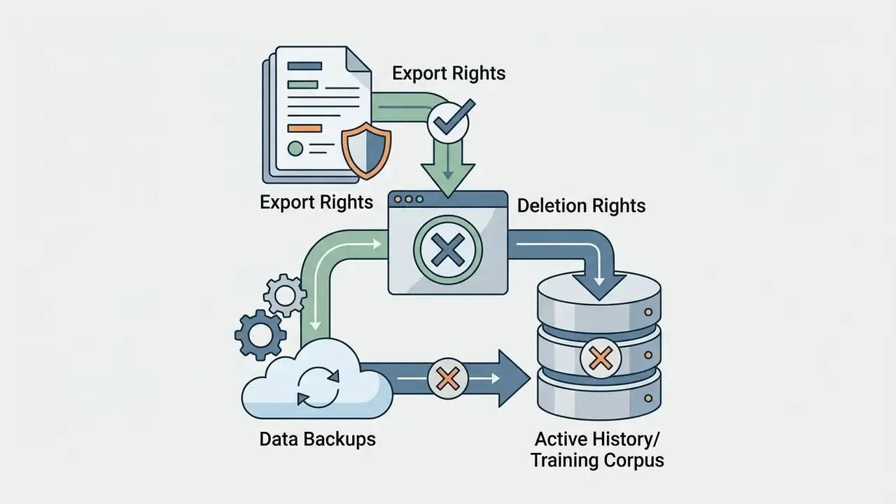 Document and cloud icons showing data flow between export rights, deletion processes, and storage databases