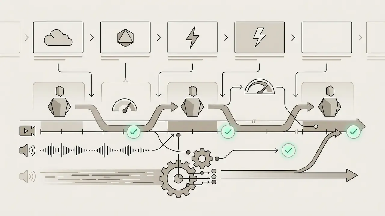 Visual representation of temporal context routing mapping screenplay timing onto a unified audio-visual timeline