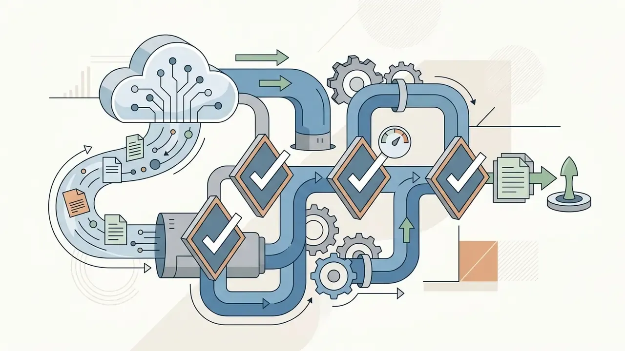 Cloud computing system processing documents through a series of gated checkpoints and mechanical gears
