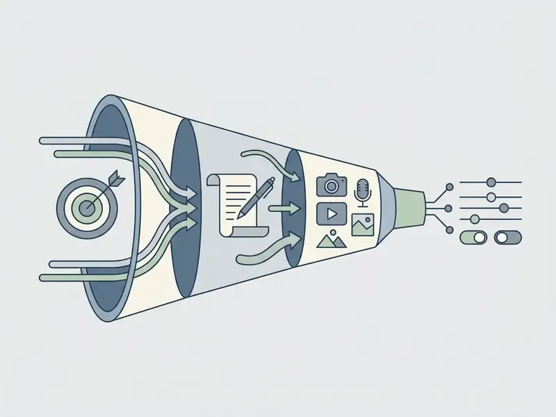 Funnel diagram showing the progression from project objectives to script, media assets, and AI settings