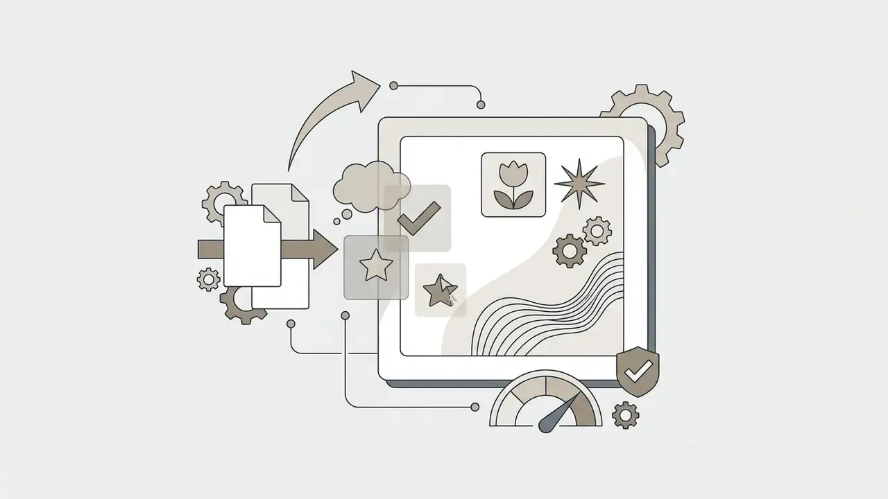 Documents moving through gears into a screen displaying icons, a gauge, and a shield badge