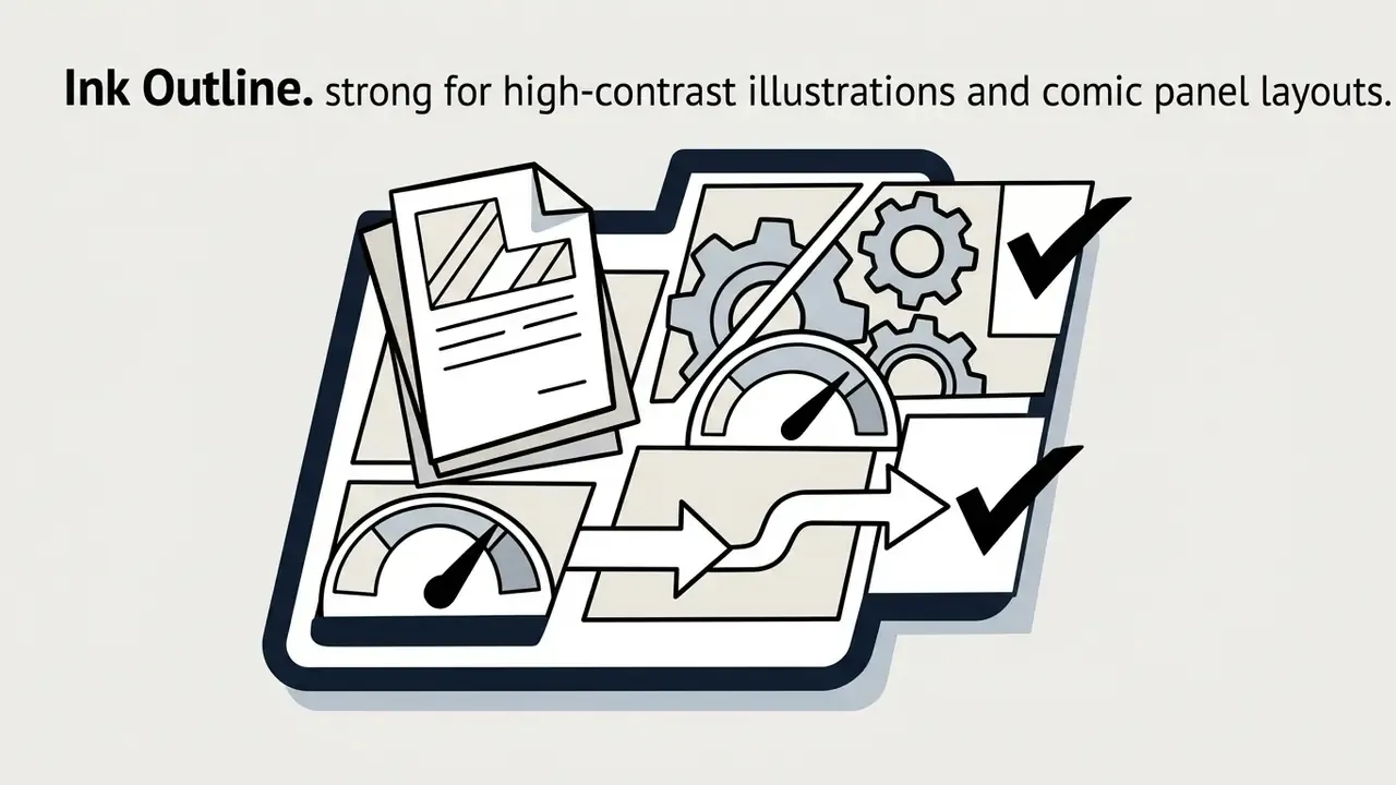 Folder icon containing documents, gears, and gauges connected by arrows to represent a workflow process