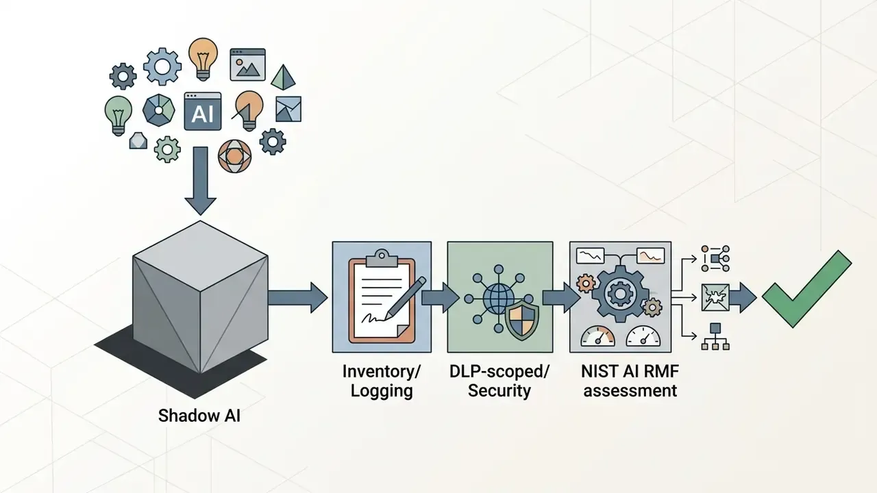 Shadow AI cube moving through inventory, security, and NIST assessment stages to a verified checkmark