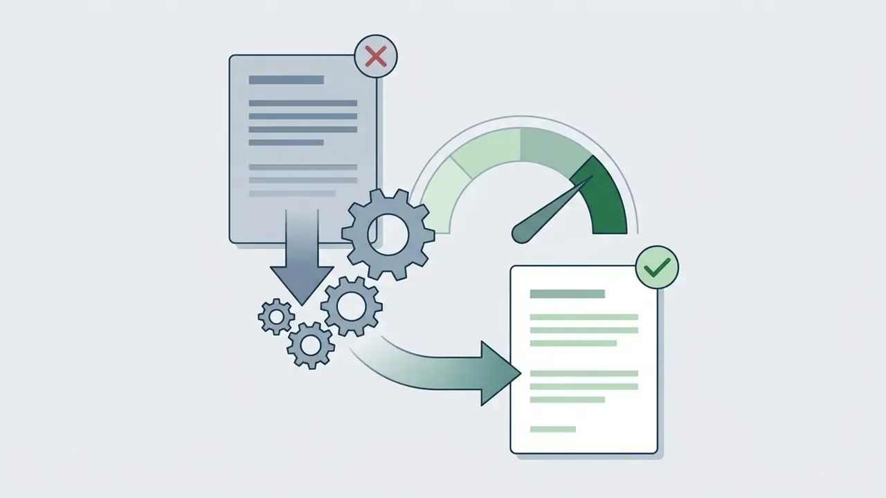 Document with an x mark being processed by gears and a gauge into a document with a check mark