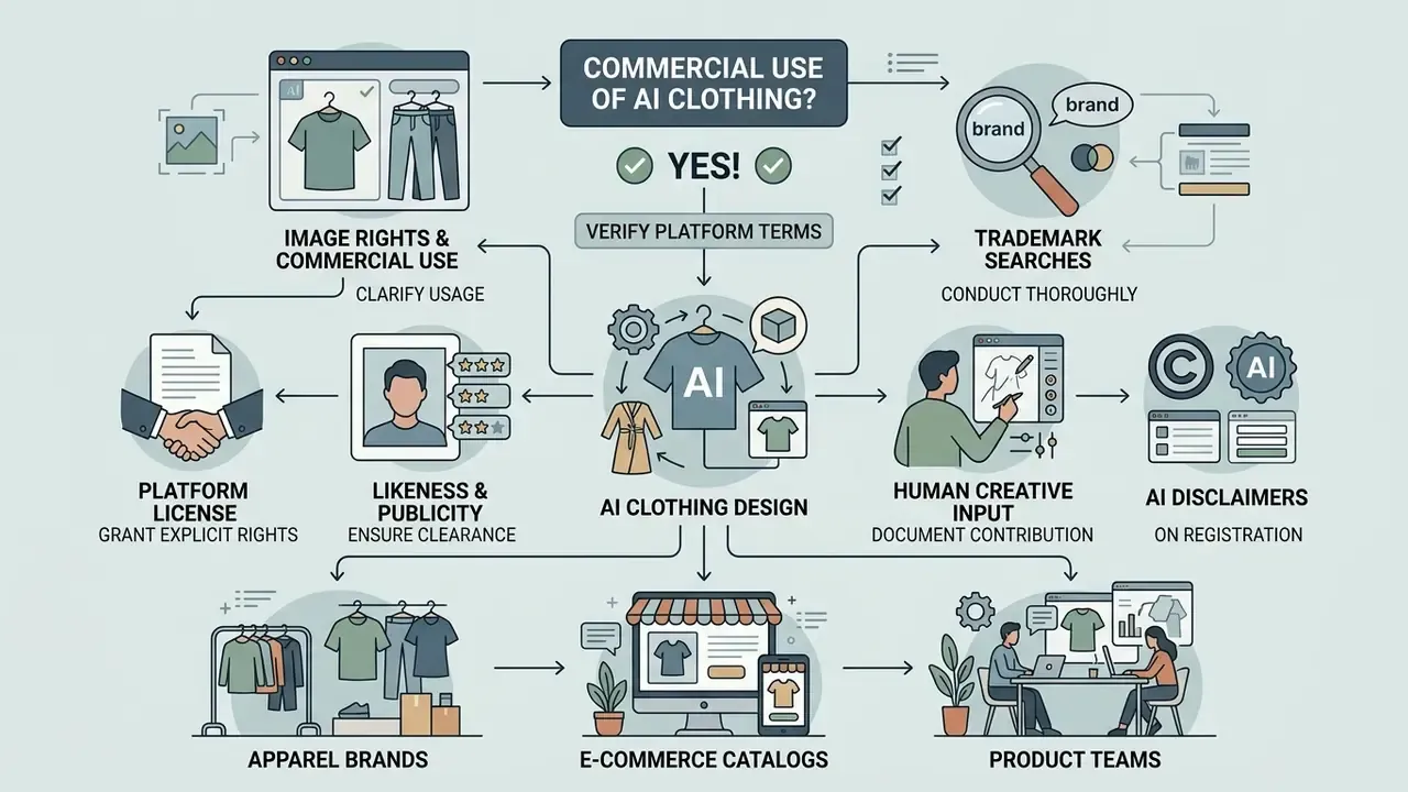 Infographic outlining legal and creative steps for the commercial use of an AI clothing generator