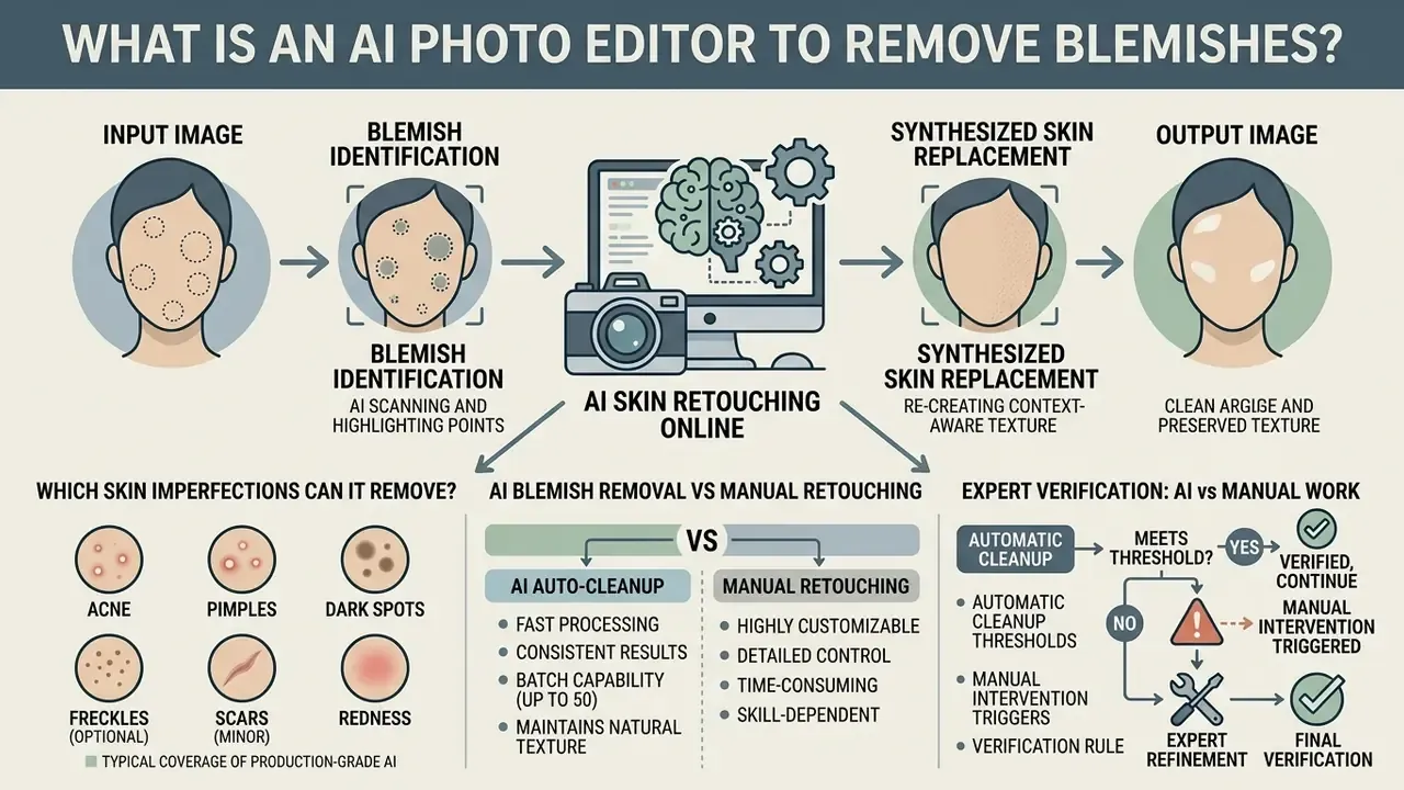 Infographic showing the AI process of scanning facial skin to identify and replace blemishes with texture