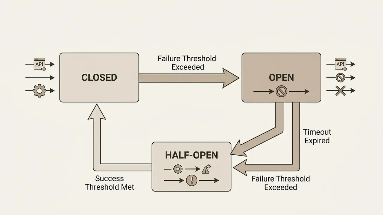 State machine diagram showing transitions between closed, open, and half-open circuit breaker statuses