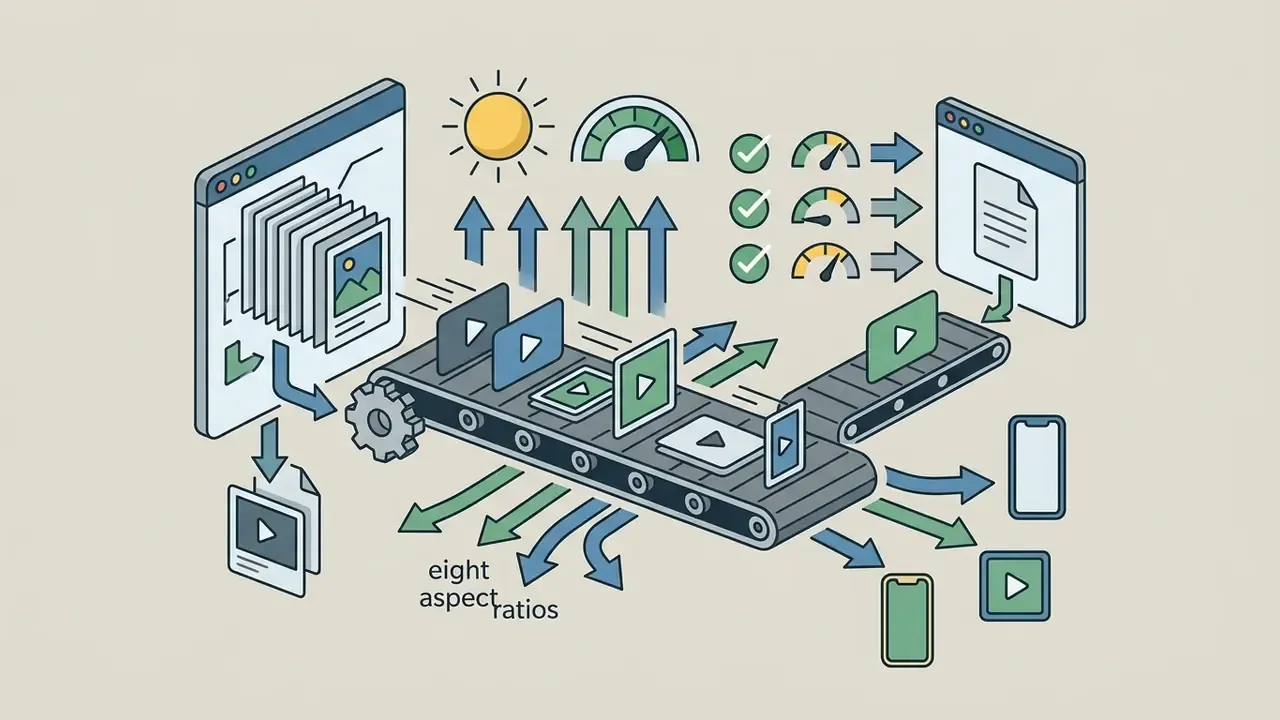 Conveyor belt processing images into video clips with various aspect ratio options for social media