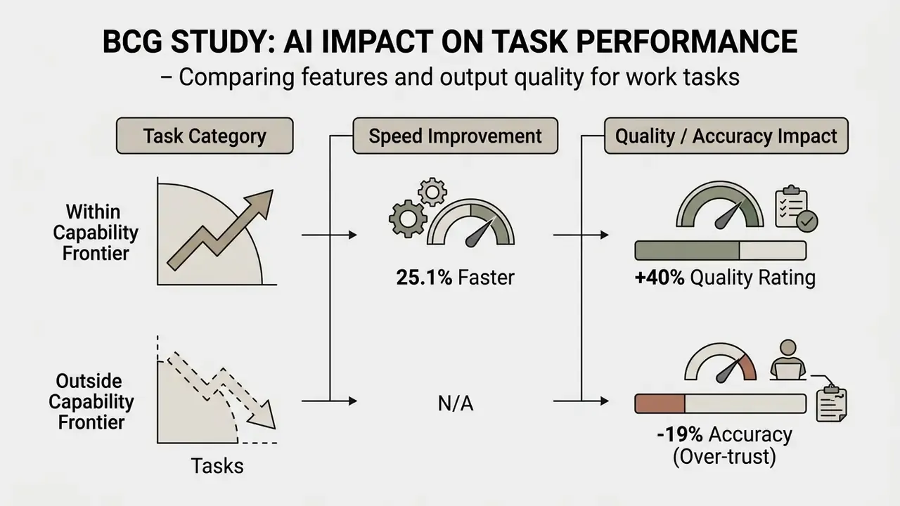 Chart showing how AI impacts task speed and quality depending on whether tasks fall within capability limits