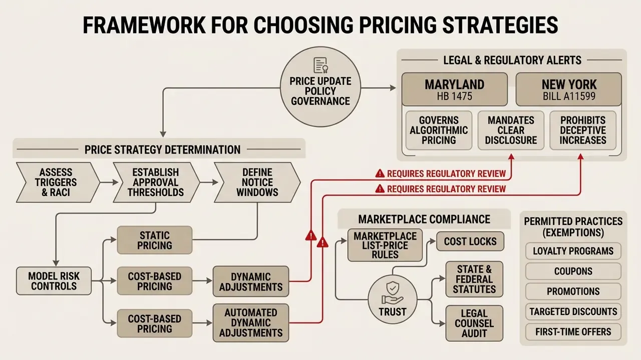 Flowchart connecting pricing strategy determination to legal alerts and regulatory compliance requirements