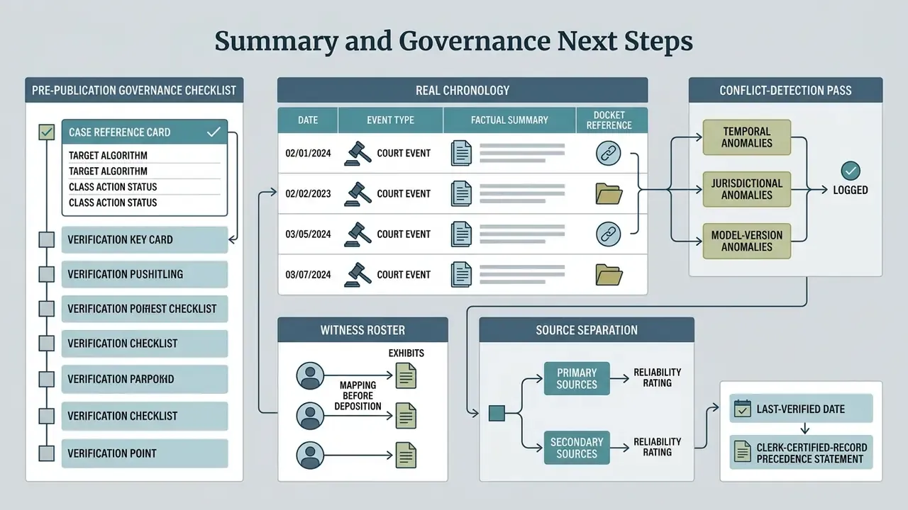 Checklist of governance steps alongside a legal chronology, conflict detection, and witness mapping