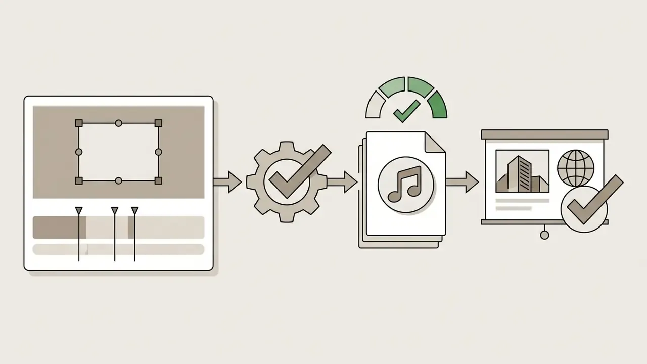 Sequence showing video editing, music rights validation, and final presentation for global distribution