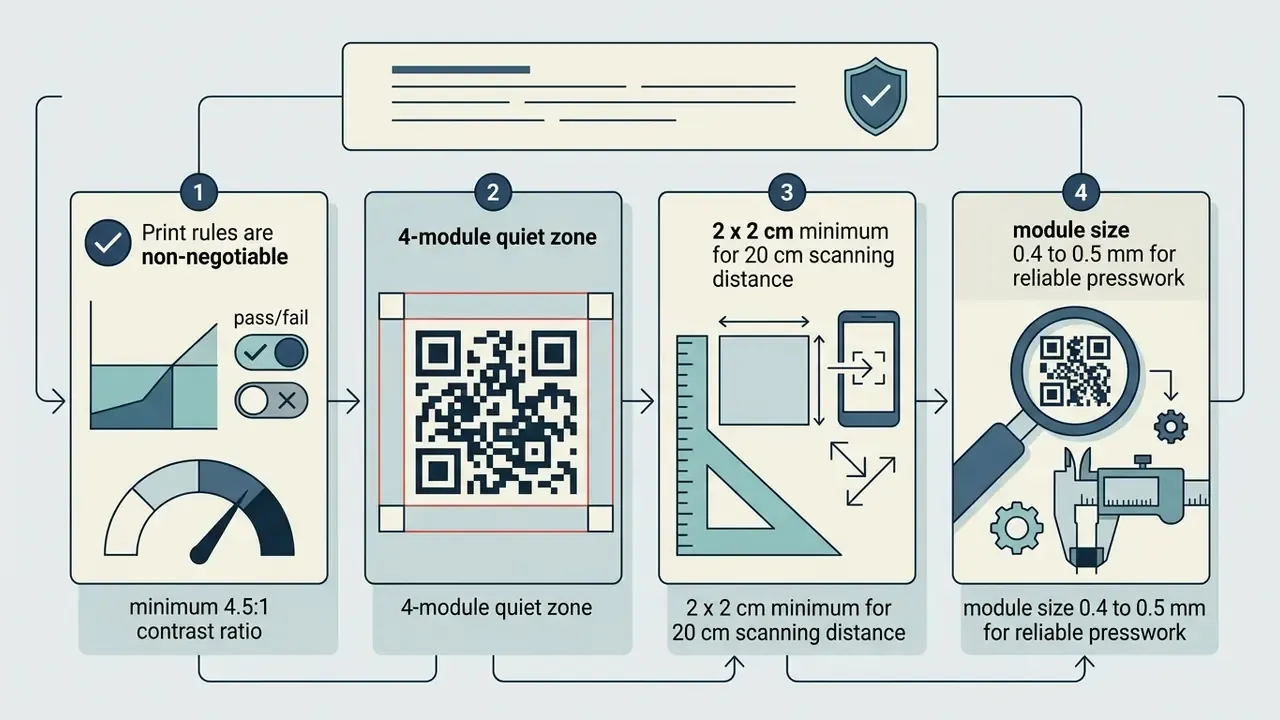 Four sequential steps outlining contrast, quiet zone, sizing, and module measurement for a QR code generator