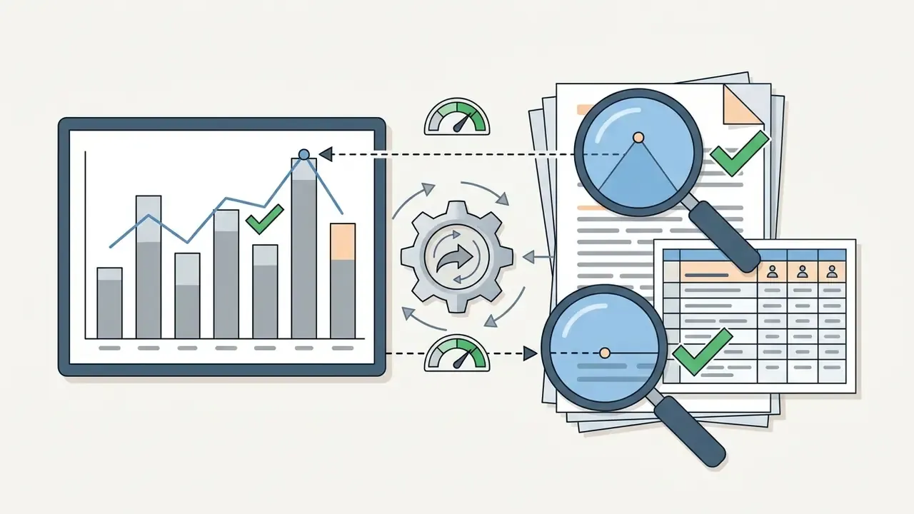 Magnifying glasses checking chart points against source documents and tables via a central gear system