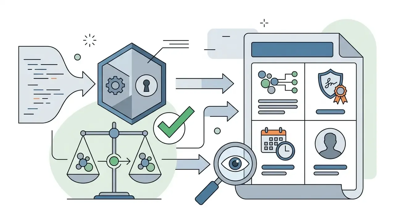 Code and balance scale icons leading to a magnifying glass and a report with verification details