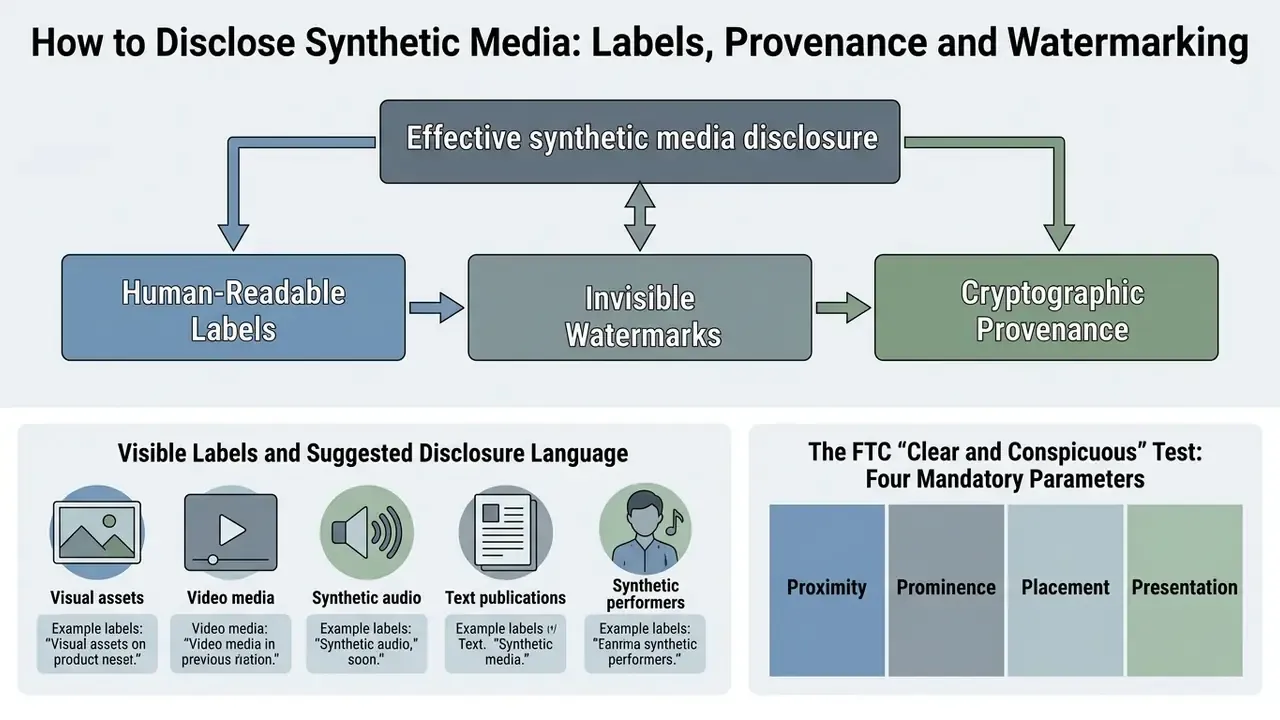 Three-part framework for synthetic media disclosure using labels, watermarks, and cryptographic provenance