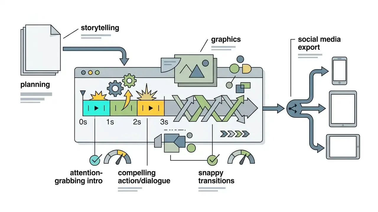 Timeline showing planning, video pacing, graphics, and social media export steps for content creation