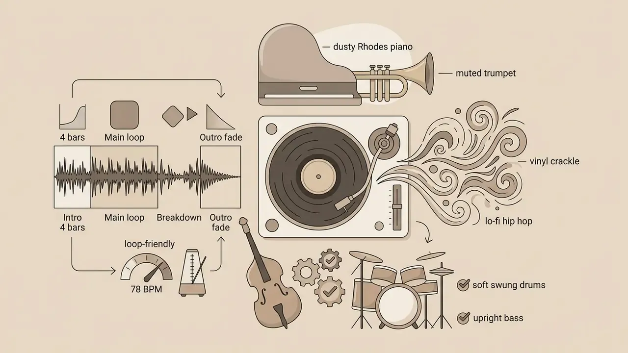 Musical elements and structure icons representing a lo-fi hip hop track with instruments and tempo