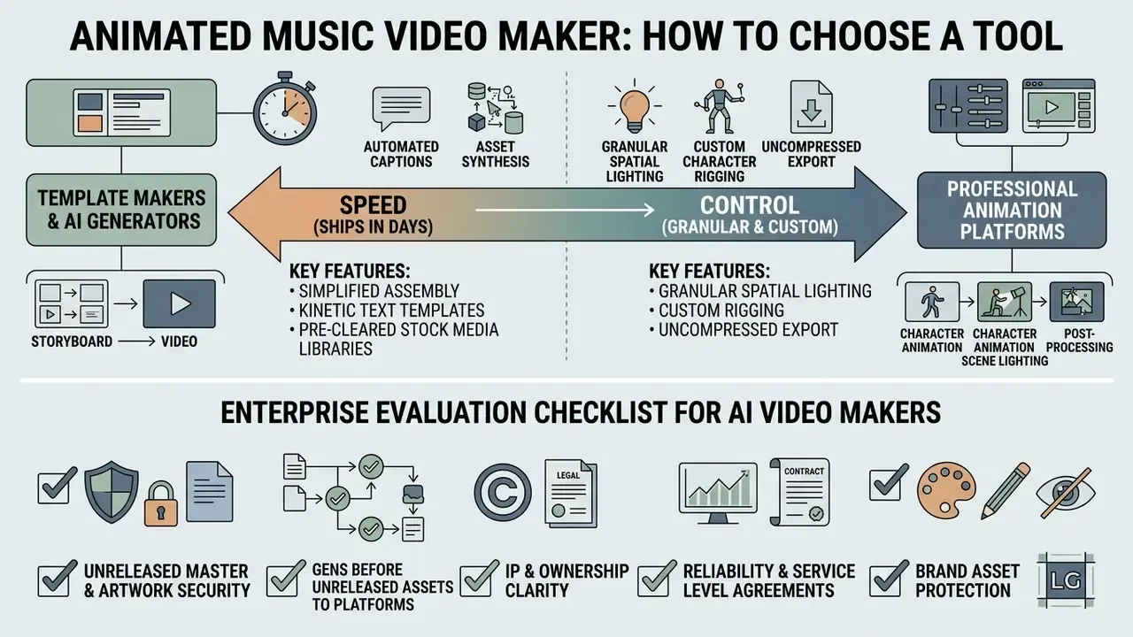Comparison chart balancing speed versus control for software tools and an enterprise evaluation checklist