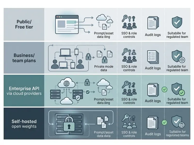 Matrix comparing deployment models, data handling, and security controls for AI image generation platforms