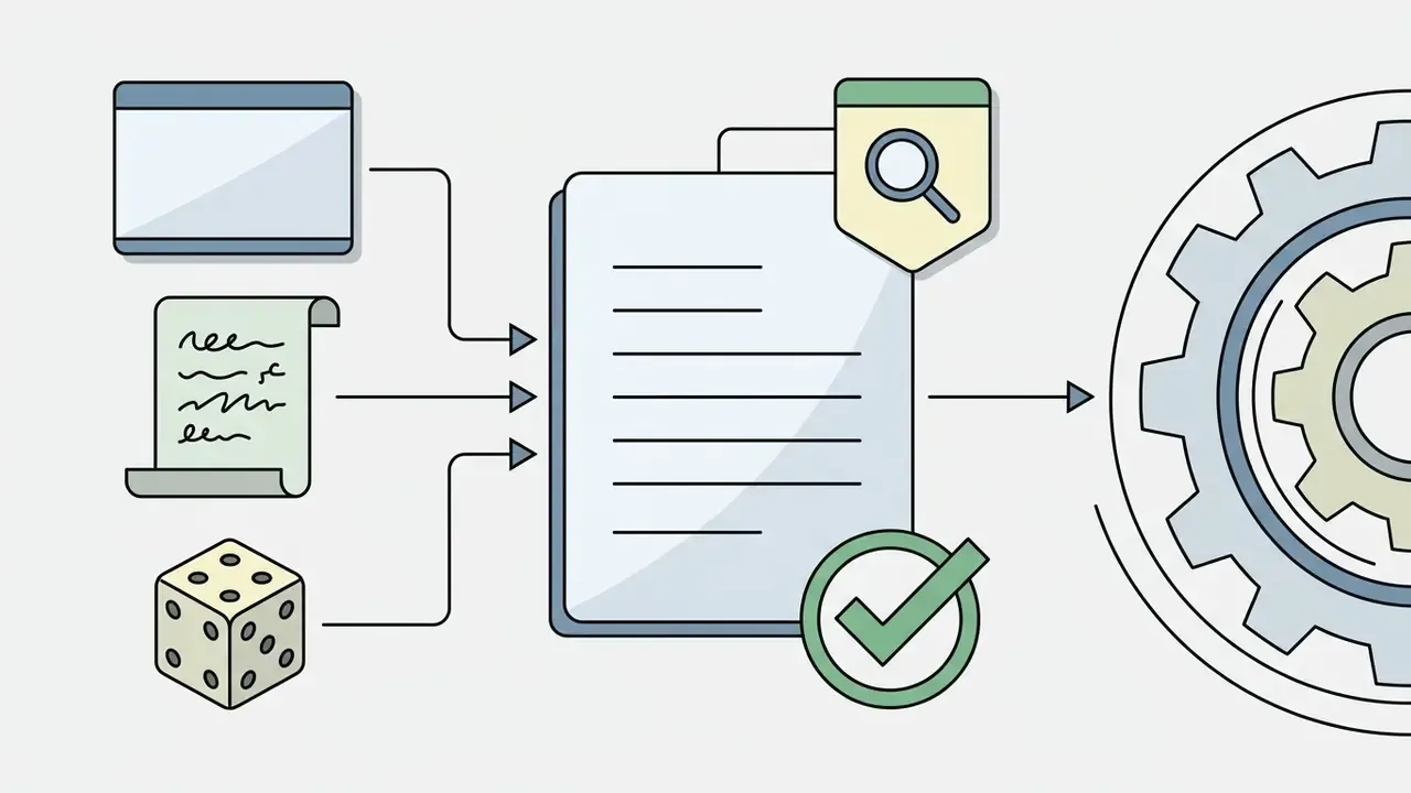 Icons for model name, prompt, and seed feeding into a document with a magnifying glass and checkmark