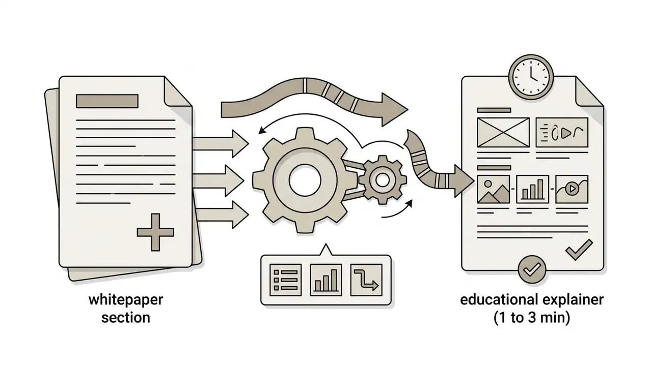 Whitepaper pages feeding into a gear processor to generate a timed educational explainer script