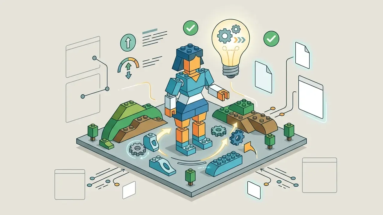 Toy block girl character on a diorama base surrounded by lightbulb and technical icons
