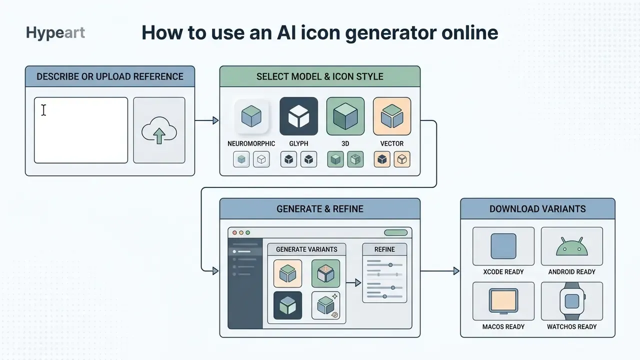 Step-by-step workflow diagram showing input, style selection, generation, and final asset downloading